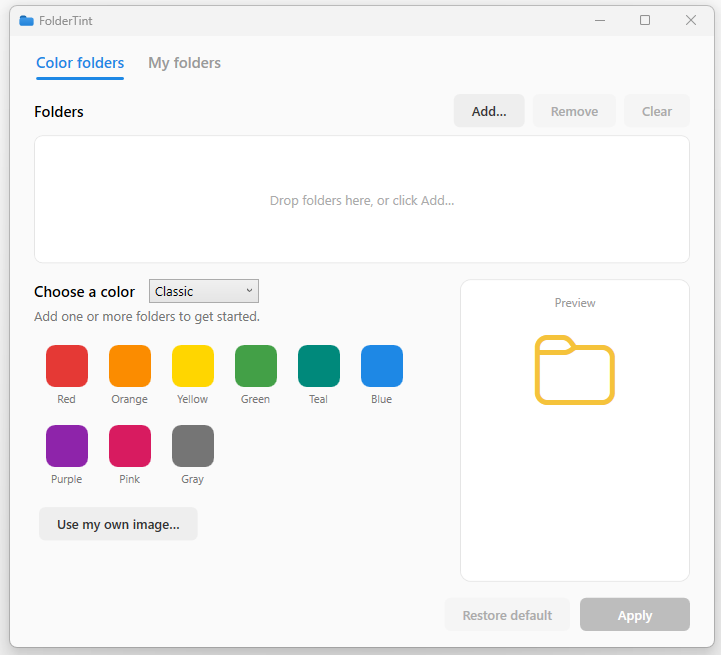 The FolderTint app: a folder list, nine color swatches, and a live preview